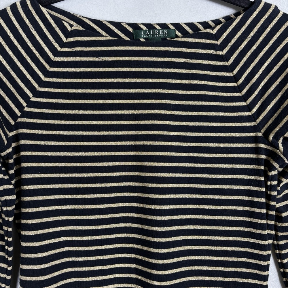 Lauren Ralph Lauren Women's Small Black Gold Striped Metallic Long Sleeve Top